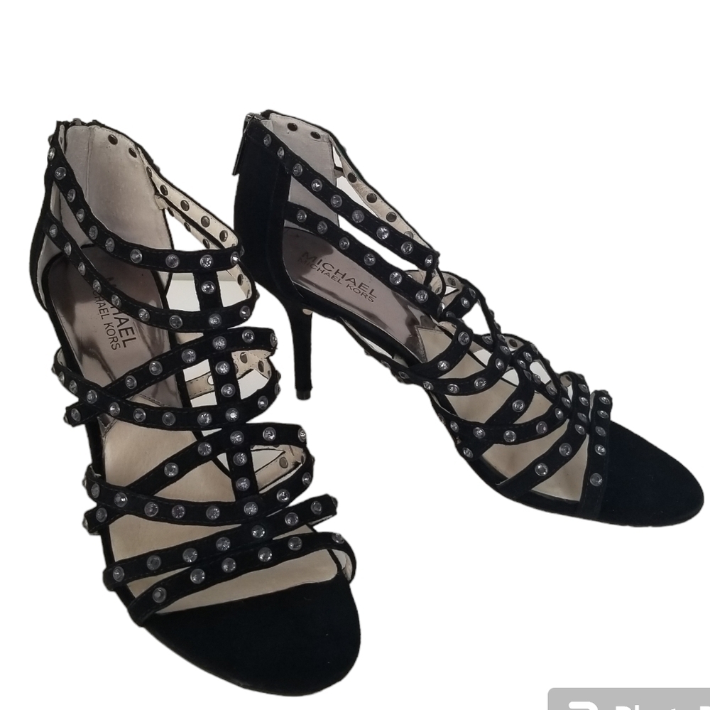 Michael Michael Kors Maddie Jeweled T-Strap Suede Peep Toe Heels Black Size 9